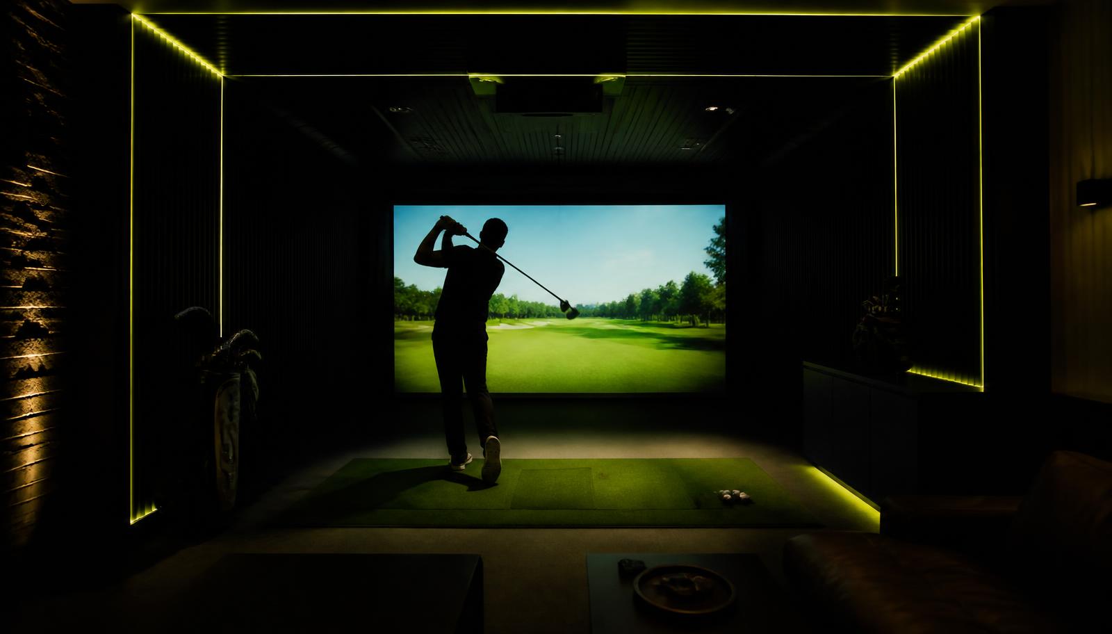 Golfer swinging in an Impact Golf Lounge simulator bay